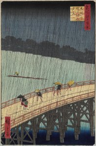 Ferne Ansicht von Atake bei einem abendlichen Regenschauer über der O_hashi-Brücke, Juli 1857