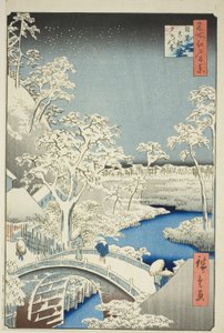 Trommelbrücke und Yuhi-Hügel in Meguro, aus der Serie "Hundert berühmte Ansichten von Edo" von Utagawa Hiroshige