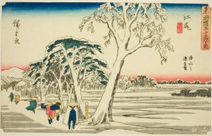 Ejiri: Fernsicht auf den Hafen von Shimizu bei klarem Wetter nach Schneefall, aus der Serie "Dreiundfünfzig Stationen des Tokaido" von Utagawa Hiroshige