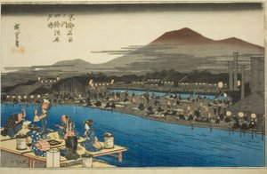 Genießen der Abendkühle am Flussbett bei Shijo (Shijogawara yusuzumi), aus der Serie "Berühmte Orte in Kyoto (Kyoto meisho no uchi)"