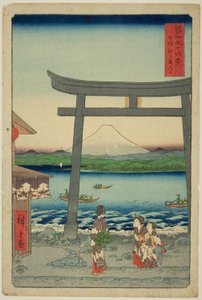 Eingang zu Enoshima in der Provinz Sagami (Sagami Enoshima iriguchi), aus der Serie "Sechsunddreißig Ansichten des Berges Fuji (Fuji sanjurokkei)" von Utagawa Hiroshige