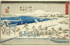Abendschnee in Mimeguri, Acht Ansichten des Sumida-Flusses (Sumidagawa hakkei, Mimeguri bosetsu), aus der Serie "Berühmte Orte in der östlichen Hauptstadt (Toto meisho no uchi)" von Utagawa Hiroshige