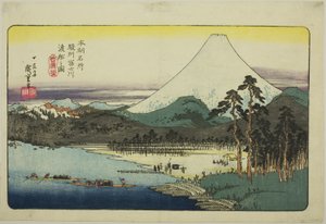 Fähren überqueren den Fuji-Fluss in der Provinz Suruga, aus der Serie "Berühmte Orte Japans" von Utagawa Hiroshige