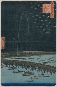 Feuerwerk in Ryogoku, aus der Serie Hundert Ansichten berühmter Orte in Edo, 1858 von Utagawa Hiroshige