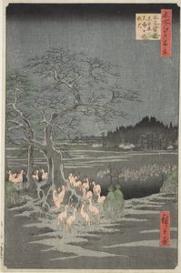 Fuchsfeuer an Silvester am Wechselbaum in Oji, aus der Serie "Hundert berühmte Ansichten von Edo" von Utagawa Hiroshige