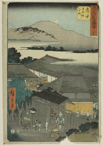 Fuchu: Miroku nichome, Abekawa (Fuchu, Abekawa Miroku nichome), Nr. 20 aus der Serie „Berühmte Ansichten der dreiundfünfzig Stationen (Gojusan tsugi meisho zue)“, auch bekannt als der vertikale Tokaido