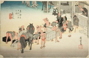 Fujieda: Wechsel der Träger und Pferde (Fujieda, jinba tsugitate), aus der Serie "Die dreiundfünfzig Stationen der Tokaido-Straße (Tokaido gojusan tsugi no uchi)," auch bekannt als die Hoeido Tokaido von Utagawa Hiroshige