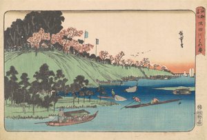 Voll erblüht entlang des Sumida-Flusses (Sumida-gawa hana-zakari) von Utagawa Hiroshige