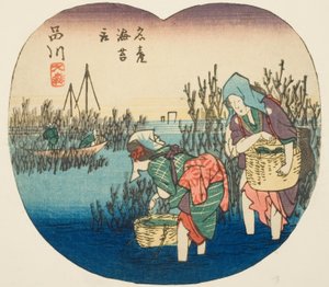 Sammeln von Seetang in Omori in Shinagawa (Shinagawa, Omori, meisan nori tori), Abschnitt von Blatt Nr. 1 aus der Serie "Ausschnittbilder der Tokaido-Straße (Tokaido harimaze zue)" von Utagawa Hiroshige