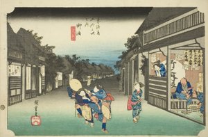 Goyu: Frauen stoppen Reisende, aus der Serie "Dreiundfünfzig Stationen des Tokaido" von Utagawa Hiroshige