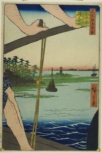 Haneda-Fähre und Benten-Schrein (Haneda no watashi Benten no yashiro), aus der Serie "Hundert berühmte Ansichten von Edo (Meisho Edo hyakkei)"