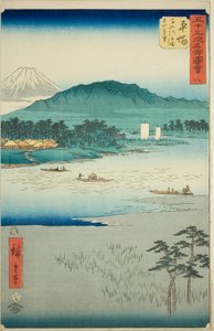 Hiratsuka: Fähre auf dem Banyu-Fluss und Fernsicht auf den Berg Oyama, Nr. 8 aus der Serie "Berühmte Ansichten der dreiundfünfzig Stationen" von Utagawa Hiroshige