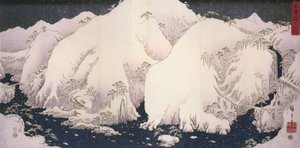 Ein Fluss zwischen schneebedeckten Bergen von Utagawa Hiroshige