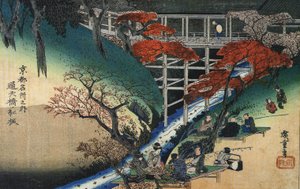 Menschen unter Ahornbäumen an einem Bach von Utagawa Hiroshige