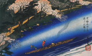 Ein Floß auf einem Fluss staken von Utagawa Hiroshige