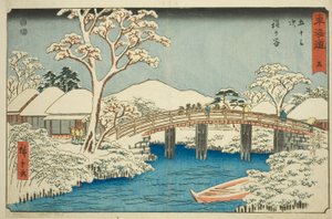 Hodogaya: Katabira-Fluss und Katabira-Brücke (Hodogaya, Katabiragawa Katabirabashi)—Nr. 5, aus der Serie "Dreiundfünfzig Stationen des Tokaido (Tokaido gojusan tsugi)", auch bekannt als Reisho Tokaido von Utagawa Hiroshige