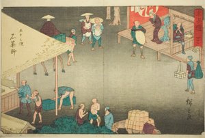 Ishiyakushi—Nr. 45, aus der Serie "Dreiundfünfzig Stationen des Tokaido (Tokaido gojusan tsugi)," auch bekannt als der Reisho Tokaido von Utagawa Hiroshige
