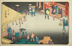Ishiyakushi—Nr. 45, aus der Serie "Dreiundfünfzig Stationen des Tokaido (Tokaido gojusan tsugi)," auch bekannt als Reisho Tokaido von Utagawa Hiroshige