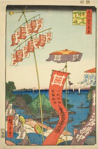 Kanasugi-Brücke in Shibaura (Kanasugibashi Shibaura), aus der Serie "Hundert berühmte Ansichten von Edo (Meisho Edo hyakkei)" von Utagawa Hiroshige
