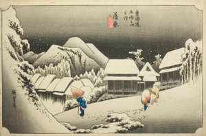 Kanbara: Abendschnee (Kanbara, yoru no yuki), aus der Serie "Dreiundfünfzig Stationen des Tokaido (Tokaido gojusan tsugi no uchi)," auch bekannt als der Hoeido Tokaido von Utagawa Hiroshige
