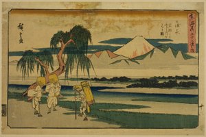 Kanbara: Blick auf den Fuji-Fluss von Iwafuchi, aus der Serie "53 Stationen des Tokaido," auch bekannt als Gyosho Tokaido von Utagawa Hiroshige
