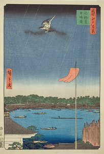 Komagata-Halle und Azuma-Brücke (Komagatado Azumabashi), Nr. 62 aus der Serie "Hundert berühmte Ansichten von Edo (Meisho Edo hyakkei)" von Utagawa Hiroshige