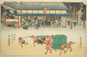 Kusatsu: Berühmtes Posthaus, aus der Serie "Dreiundfünfzig Stationen des Tokaido," auch bekannt als Hoeido Tokaido von Utagawa Hiroshige