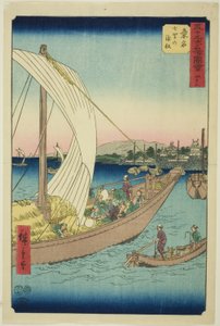Kuwana: Fähren bei Shichiri (Kuwana, Shichiri no watashibune), Nr. 43 aus der Serie "Berühmte Ansichten der dreiundfünfzig Stationen (Gojusan tsugi meisho zue)," auch bekannt als der Vertikale Tokaido