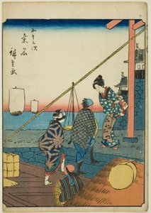 Kuwana, aus der Serie "Dreiundfünfzig Stationen [des Tokaido] (Gojusan tsugi)," auch bekannt als der Figuren-Tokaido (Jinbutsu Tokaido) von Utagawa Hiroshige