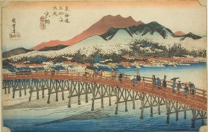 Kyoto: Die große Brücke bei Sanjo (Keishi, Sanjo ohashi), aus der Serie "Dreiundfünfzig Stationen des Tokaido (Tokaido gojusan tsugi no uchi)", auch bekannt als der Hoeido Tokaido von Utagawa Hiroshige