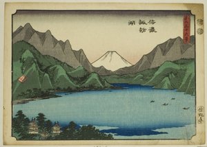 Der Suwa-See in der Provinz Shinano (Shinano Suwako), aus der Serie "Sechsunddreißig Ansichten des Berges Fuji (Fuji sanjurokkei)" von Utagawa Hiroshige