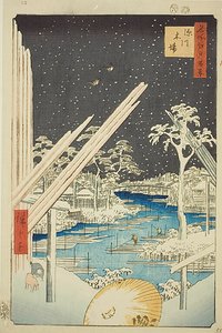 Holzlager in Fukagawa (Fukagawa kiba), mit dunklem Himmel, Nr. 106 aus der Serie "Hundert berühmte Ansichten von Edo (Meisho Edo hyakkei)" von Utagawa Hiroshige