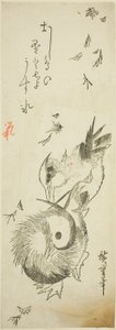 Mandarinenten überqueren einen vereisten Teich zwischen fallenden Blättern von Utagawa Hiroshige