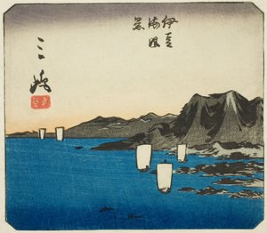 Mishima, Abschnitt von Blatt Nr. 3 aus der Serie "Ausschnittbilder des Tokaido (Tokaido harimaze zue)" von Utagawa Hiroshige
