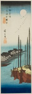 Nebliger Mond über der Küste der Insel Tsukuda (Tsukudajima kaihen oborozuki), aus der Serie "Berühmte Orte in der östlichen Hauptstadt (Toto meisho)" von Utagawa Hiroshige