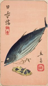 Morgenmarkt an der Nihon-Brücke (Nihonbashi, asaichi), Abschnitt eines Blattes aus der Serie "Ausschnitte berühmter Orte in Edo (Harimaze Koto meisho)"