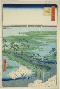 Moto-Hachiman-Schrein, Sunamura (Sunamura Moto-Hachiman), aus der Serie "Hundert berühmte Ansichten von Edo (Meisho Edo hyakkei)" von Utagawa Hiroshige