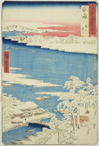 Provinz Musashi: Morgen nach Schnee am Sumida-Fluss (Musashi, Sumidagawa yuki no ashita), aus der Serie "Berühmte Orte in den sechzig Provinzen (Rokujuyoshu meisho zue)" von Utagawa Hiroshige