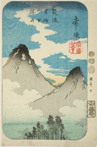 Nantai- und Nyotai-Gipfel des Berges Tsukuba in der Provinz Hitachi, Abschnitt des Blattes Nr. 7 aus der Serie "Ausschnitte der Provinzen" von Utagawa Hiroshige