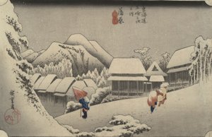 Nachtschnee in Kanbara, aus der Serie Dreiundfünfzig Stationen des Tōkaidō von Utagawa Hiroshige