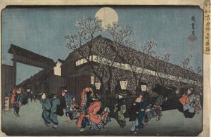 Nachtansicht von Nakanomachi mit Kirschblüten in Yoshiwara, 1832-1834
