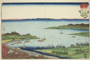 Niigata in der Provinz Echigo (Echigo Niigata), aus der Serie "Wrestling Matches between Mountains and Seas (Sankai mitate zumo)" von Utagawa Hiroshige