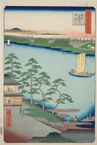 Niijuku-Fähre (Niijuku no watashi), Nr. 93 aus der Serie "Hundert berühmte Ansichten von Edo (Meisho Edo hyakkei)" von Utagawa Hiroshige