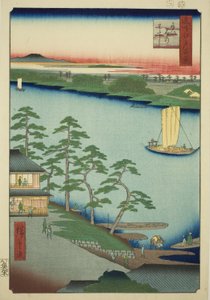 Niijuku-Fähre (Niijuku no watashi), aus der Serie "Hundert berühmte Ansichten von Edo (Meisho Edo hyakkei)" von Utagawa Hiroshige