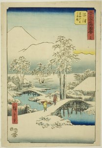 Numazu: Berg Fuji und Berg Ashigara bei klarem Wetter nach Schnee, Nr. 13 (Numazu, Ashigarayama Fuji no yukibare), aus der Serie "Berühmte Ansichten der 53 Stationen (Gojusan tsugi meisho zue)", auch bekannt als die Vertikale Tokaido von Utagawa Hiroshige