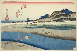 Odawara: Der Sakawa-Fluss (Odawara, Sakawagawa), aus der Serie "Dreiundfünfzig Stationen der Tokaido-Straße (Tokaido gojusan tsugi no uchi)", auch bekannt als Hoeido Tokaido von Utagawa Hiroshige