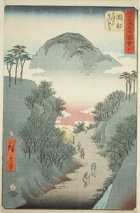Okabe: Schmaler, mit Efeu bedeckter Weg am Berg Utsu (Okabe, Utsu no yama tsuta no hosomichi), Nr. 22 aus der Serie "Berühmte Ansichten der dreiundfünfzig Stationen (Gojusan tsugi meisho zue)", auch bekannt als der vertikale Tokaido von Utagawa Hiroshige