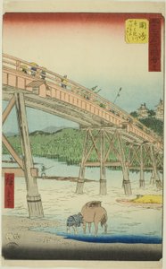 Okazaki: Yahagi-Brücke am Yahagi-Fluss, Nr. 39 aus der Serie "Berühmte Ansichten der dreiundfünfzig Stationen," auch bekannt als der Vertikale Tokaido von Utagawa Hiroshige