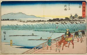 Okazaki: Yahagi-Fluss—Nr. 39, aus der Serie "Fifty-three Stations of the Tokaido," auch bekannt als Reisho Tokaido von Utagawa Hiroshige