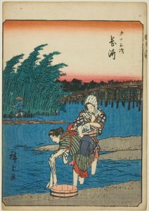 Okazaki, aus der Serie "Dreiundfünfzig Stationen [des Tokaido] (Gojusan tsugi)," auch bekannt als der Figuren-Tokaido (Jinbutsu Tokaido) von Utagawa Hiroshige